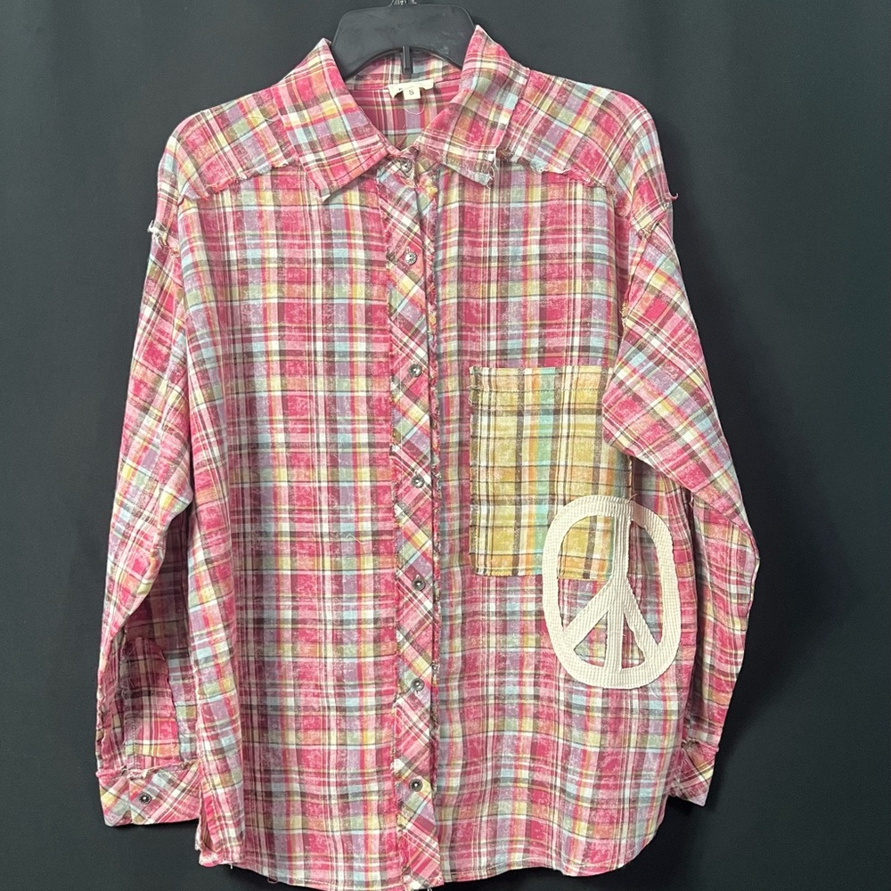 POL Pink Plaid Shirt with Peace Patch